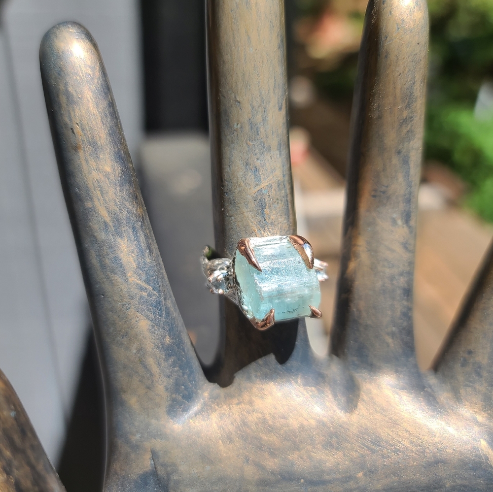 Aquamarine HUGE 9k raw nugget & Topaz Sterling ring sz8.5 - Picture 1 of 7